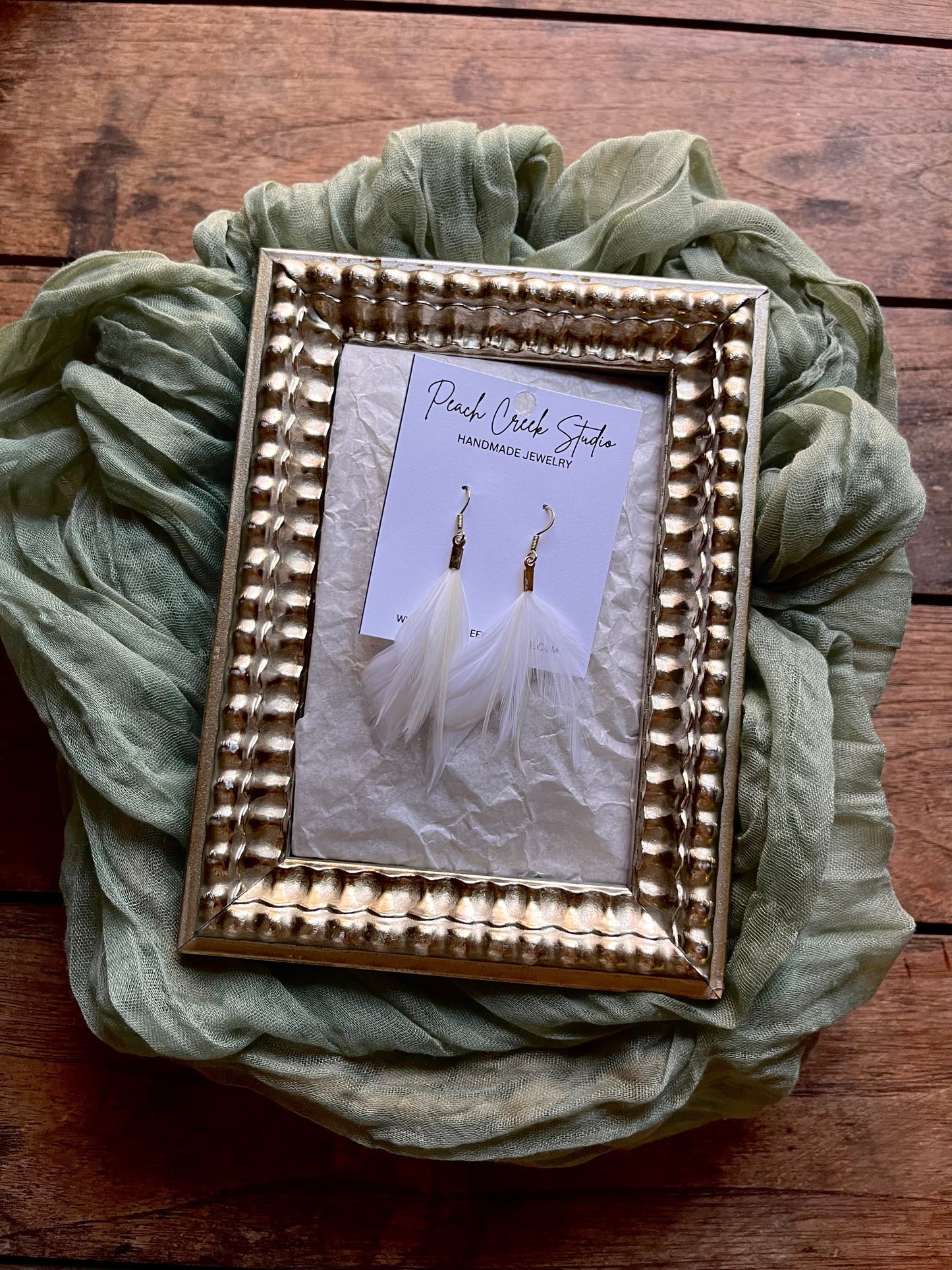 Petite White Feather Earrings with Gold Accents – 3” Handmade Boho Jewelry