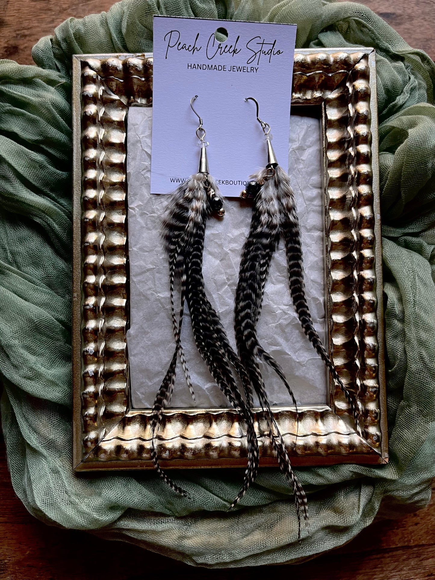 Black and White Rooster Feather Earrings – 6–8” Handmade Boho Jewelry