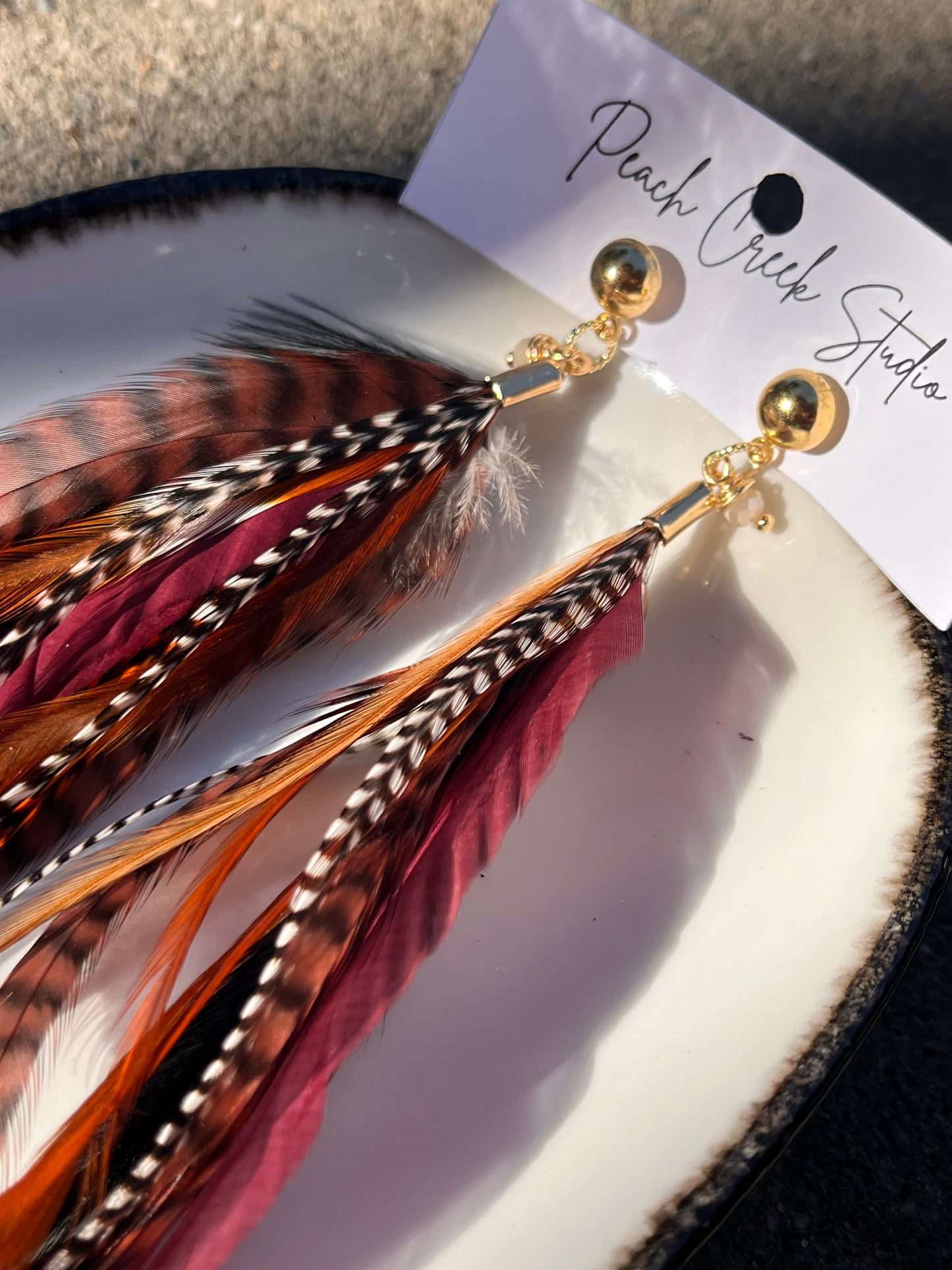 Handcrafted 12-14” Feather Earrings with Gold Studs – Boho Statement Jewelry