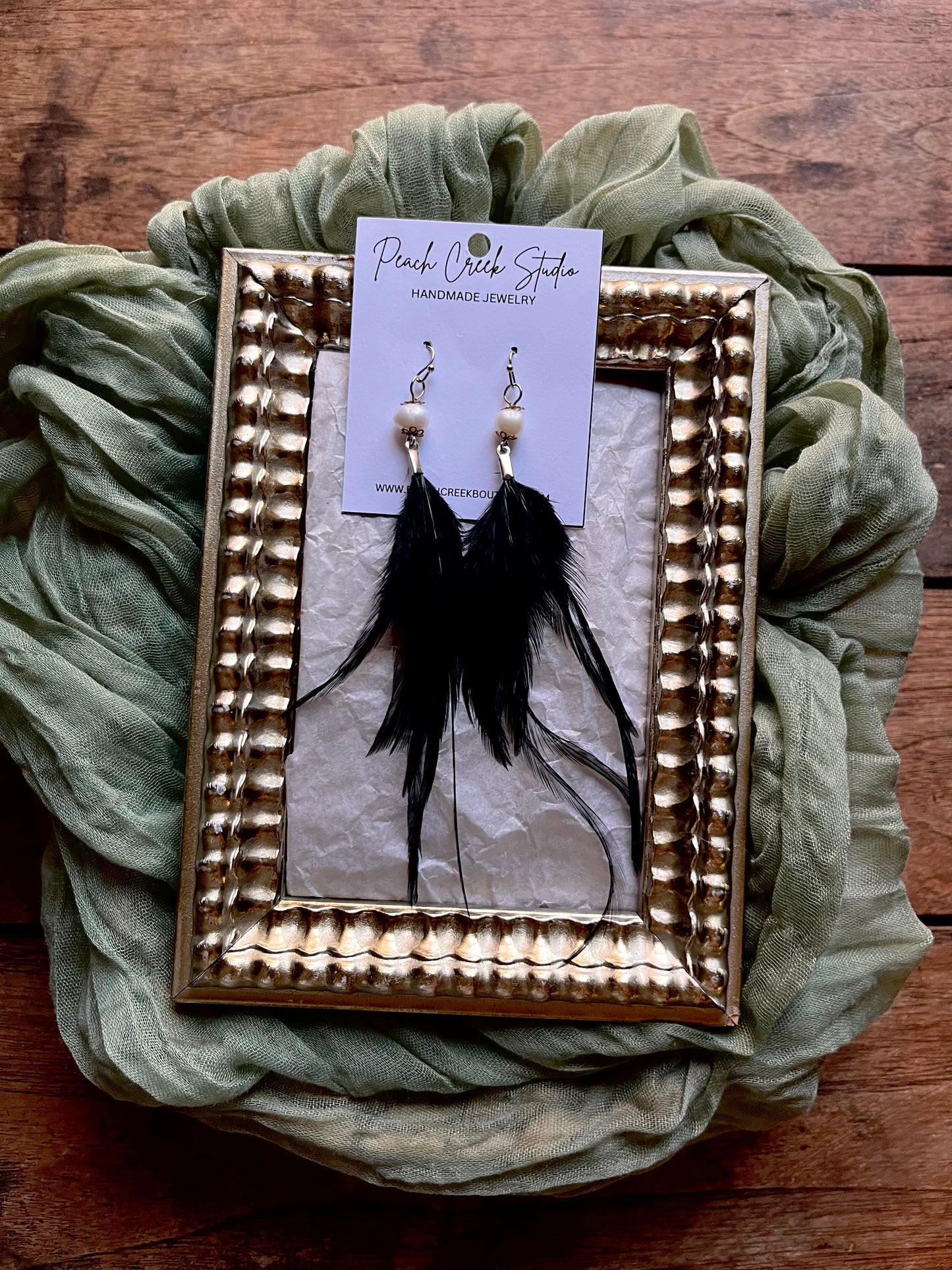 Black Feather Earrings with Pearl Accents – 6” Handmade Boho Jewelry