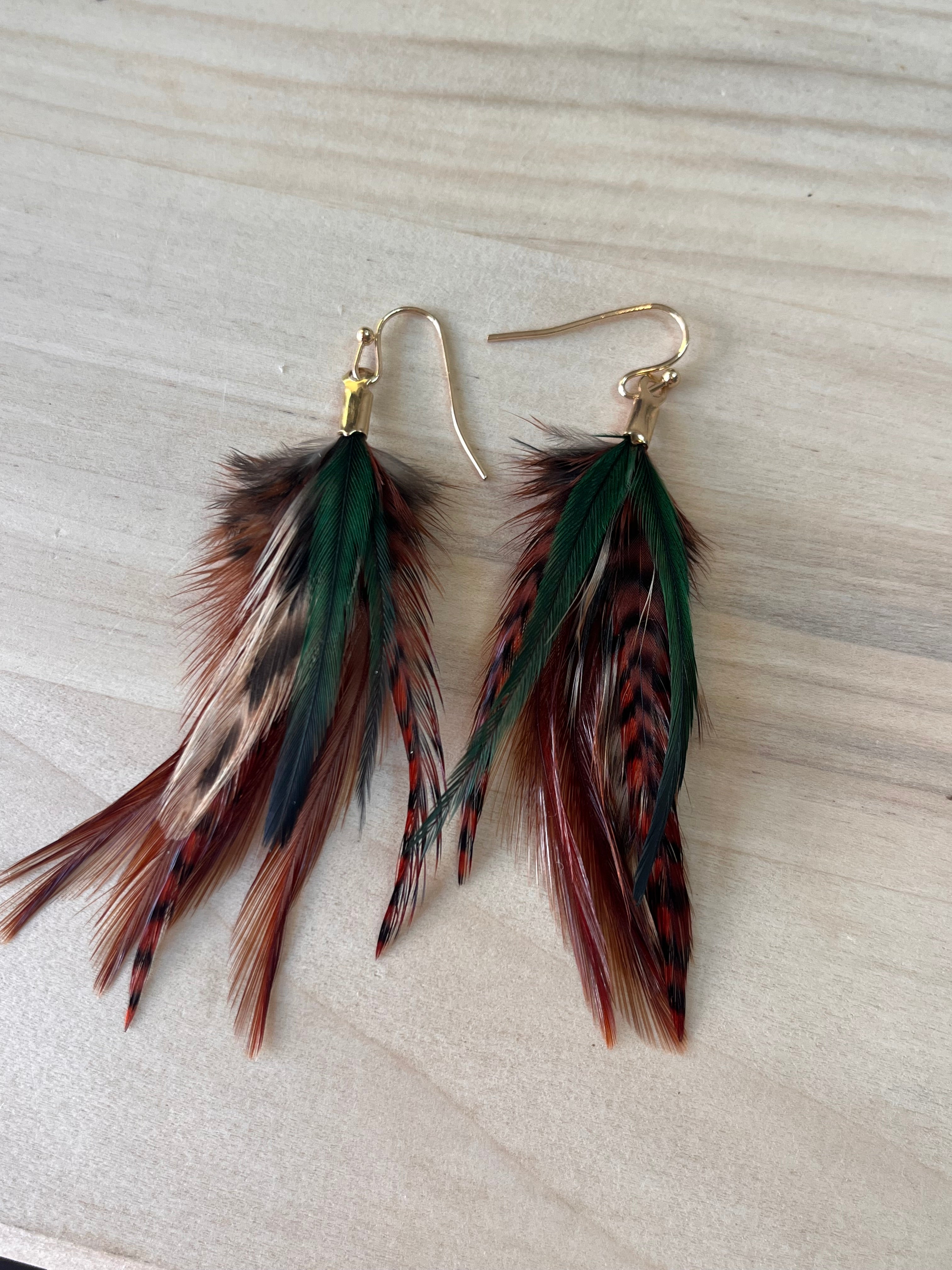 Feather earrings forest green. Brown and Green feather earrings. Long earrings with shops real feathers. Festival feather earrings. Bohemian