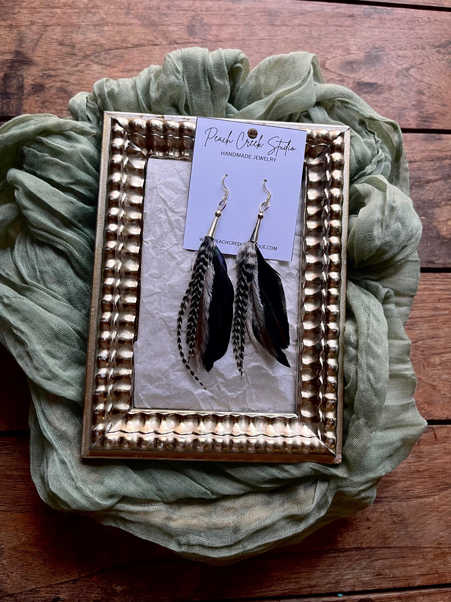 Iridescent black and Natural Feather Earrings – 4” Handmade Boho Jewelry