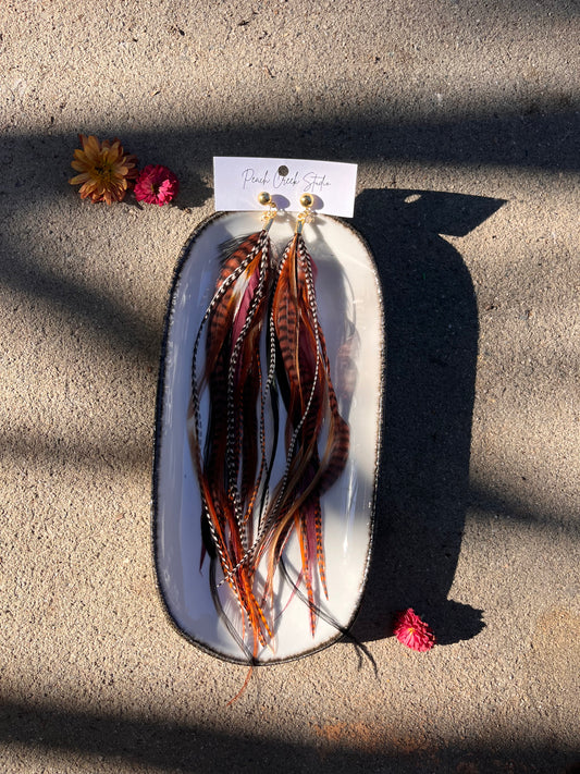 Handcrafted 12-14” Feather Earrings with Gold Studs – Boho Statement Jewelry