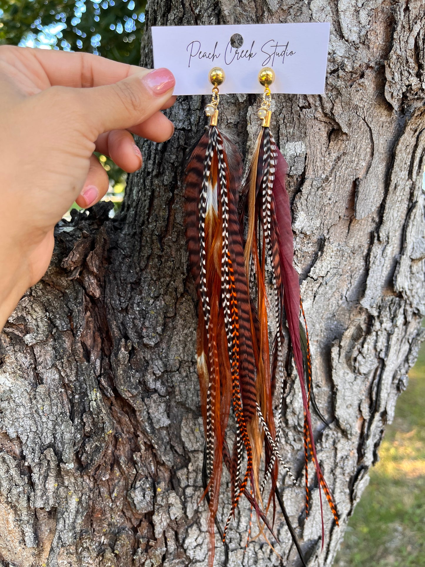 Handcrafted 12-14” Feather Earrings with Gold Studs – Boho Statement Jewelry